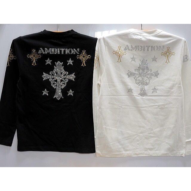 BE AMBITION   クロス＆ロゴ  Vネック　長袖Tシャツ 　ビーアンビション ビーアンビション 長袖VネックTシャツ ラインストーンクロス BE