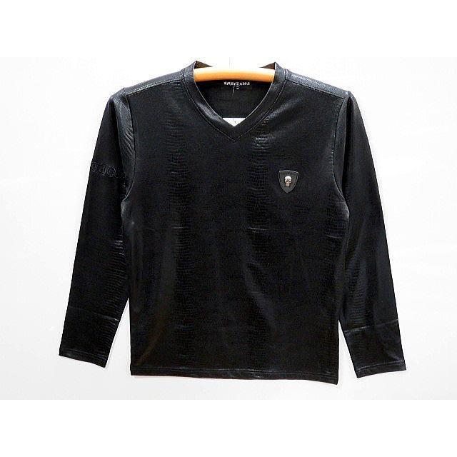 大きいサイズ BE AMBITION スカル＆ロゴ エンボス加工 Vネック長袖T