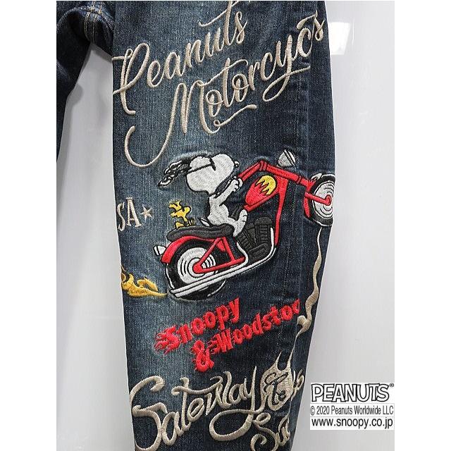 フラグスタッフ FLAGSTAFF PEANUTS デニム　刺繍 スヌーピー34 Flag Staff × SNOOPY スヌーピーバイク刺繍デニムパンツ