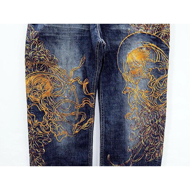 絡繰魂 デニムパンツ 和柄 風神雷神刺繍 カラクリ魂 : takafuku1915