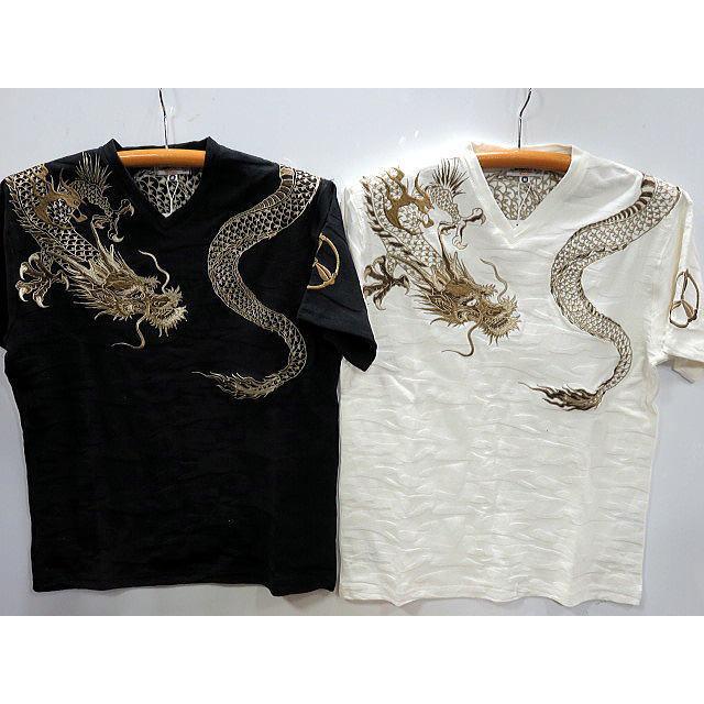 絡繰魂 巻龍刺繍 迷彩ジャガードVネック半袖Tシャツ カラクリ魂 