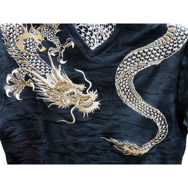 絡繰魂 巻龍刺繍 迷彩ジャガードVネック半袖Tシャツ カラクリ魂