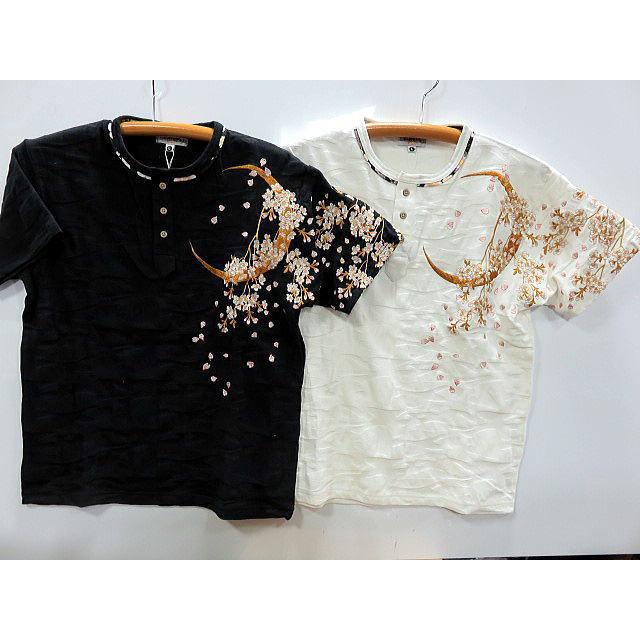 絡繰魂 桜　ジャガード　ヘンリーネック　半袖Tシャツ　カラクリ魂 絡繰魂 桜 ジャガード ヘンリーネック 半袖Tシャツ カラクリ魂