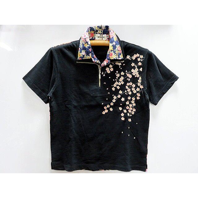 カラクリ魂 　半袖レイヤード　ジップアップシャツ　桜刺繍　KARAKURI カラクリ魂 半袖レイヤード ジップアップシャツ 桜刺繍 KARAKURI