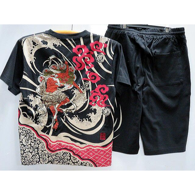 カラクリ魂　和柄　半袖Ｔシャツ上下セット　雷神刺繍　KARAKURI カラクリ魂 和柄 半袖Tシャツ上下セット 雷神刺繍 KARAKURI