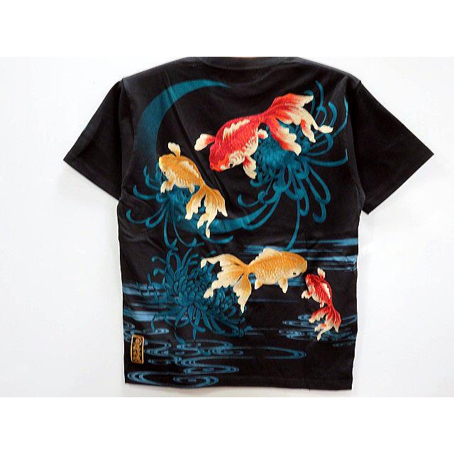 絡繰魂・粋 菊流水に金魚刺繍 総刺繍 半袖Tシャツ カラクリ魂