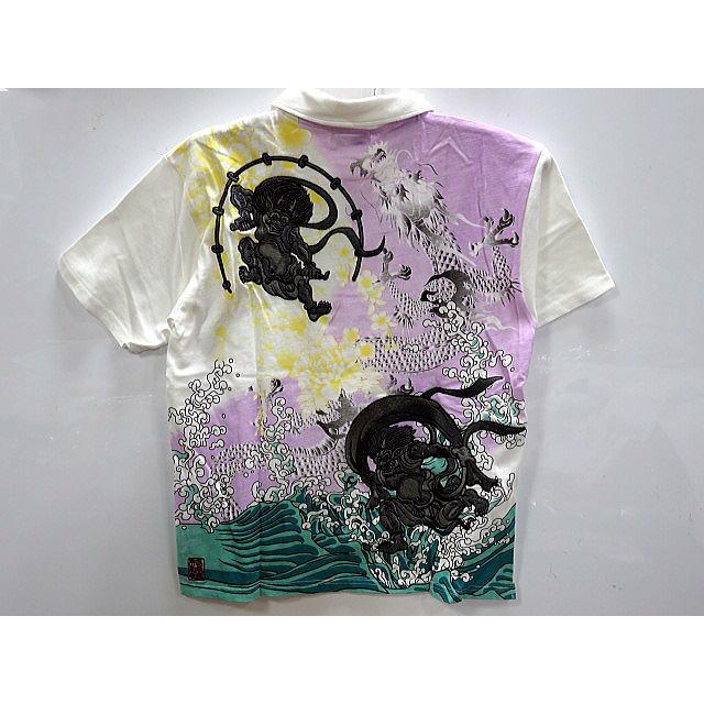 カラクリ魂 　和柄 半袖ポロシャツ  風神雷神刺繍　KARAKURI カラクリ魂 和柄 半袖ポロシャツ 風神雷神刺繍 KARAKURI