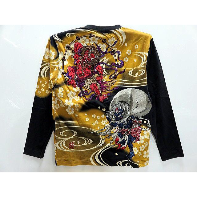 カラクリ魂・粋 和柄 長袖Tシャツ　鬼風雷神刺繍　 KARAKURI カラクリ魂・粋 和柄 長袖Tシャツ 鬼風雷神刺繍 KARAKURI