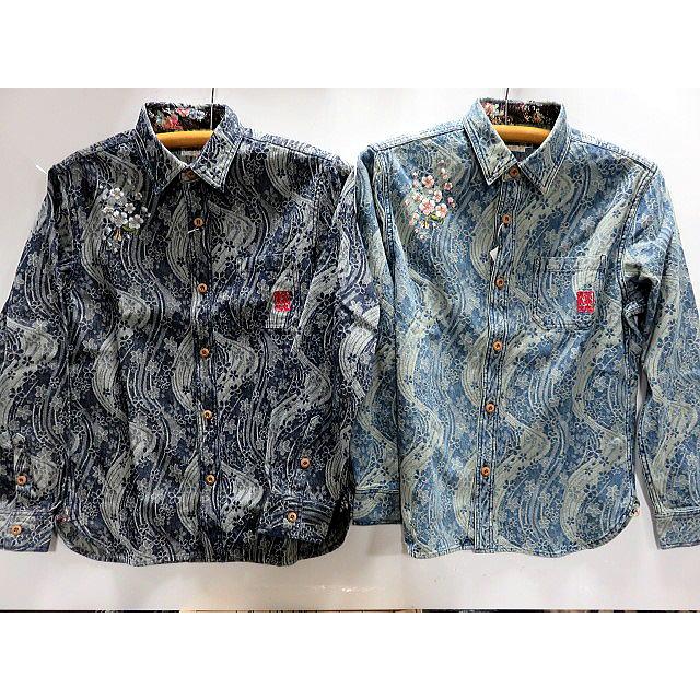 絡繰魂 桜流水 長袖 デニムシャツ カラクリ魂 和柄シャツ