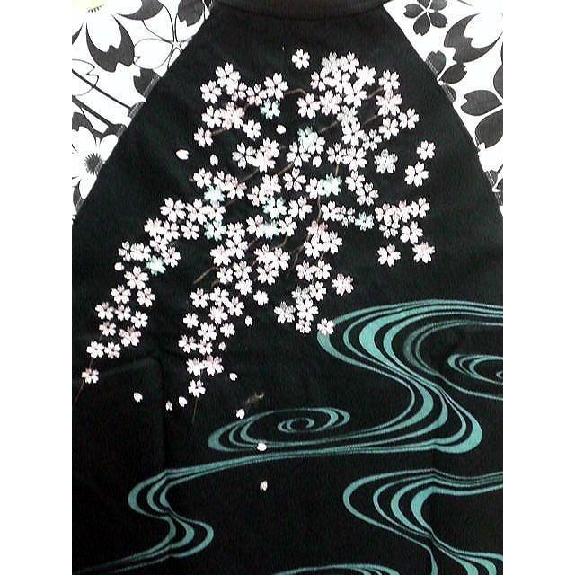 絡繰魂 和柄 梨地半袖Tシャツ 袖プリント枝垂れ桜刺繍 カラクリ魂