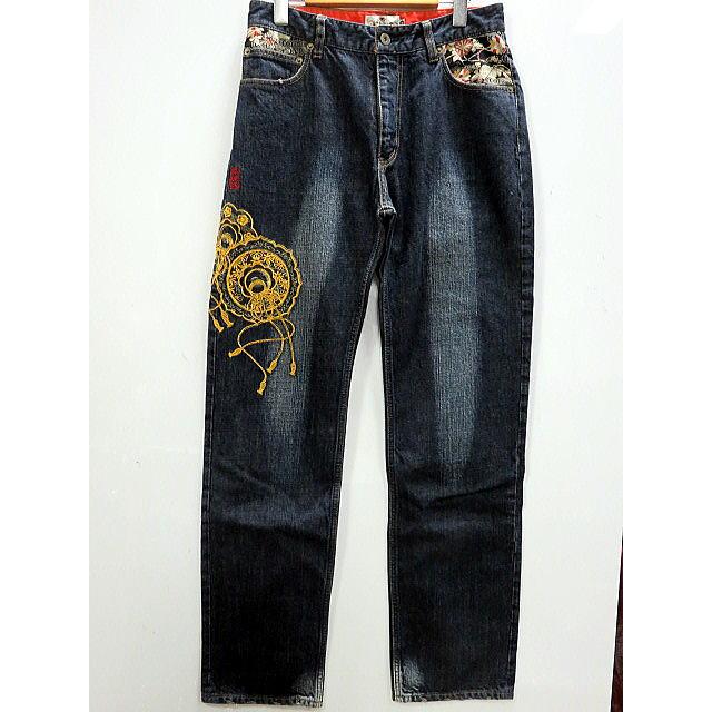 カラクリ魂 和柄デニムパンツ KARAKURI　花菱と鏡刺繍 カラクリ魂 和柄 デニムパンツ KARAKURI 花菱と鏡刺繍 : takafuku1915