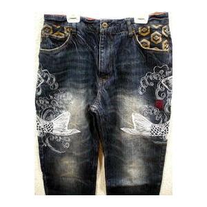 カラクリ魂 和柄 デニムパンツ KARAKURI 波と鯉刺繍 : takafuku1915