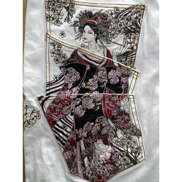 流儀圧搾 華鳥風月 デニムパンツ 狼 桜 刺繍 34インチ L ジーンズ Gパン
