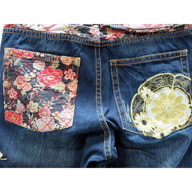 美品 XL相当 錦 NISHIKI ストレートデニムパンツ 刺繍入り 鯉モチーフ 錦 和柄 亀甲家紋刺繍 ヴィンテージ加工デニム NISHIKI