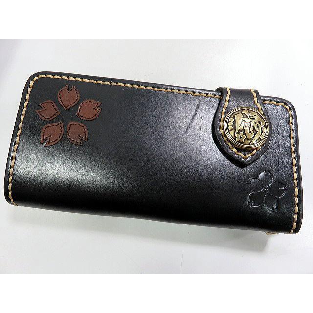 ‼️SALE‼️本革レザー ロングウォレット ネイティブフラワーコンチョ ブラック 長財布 メンズ 本革 三つ折り カーフレザー ロングウォレット