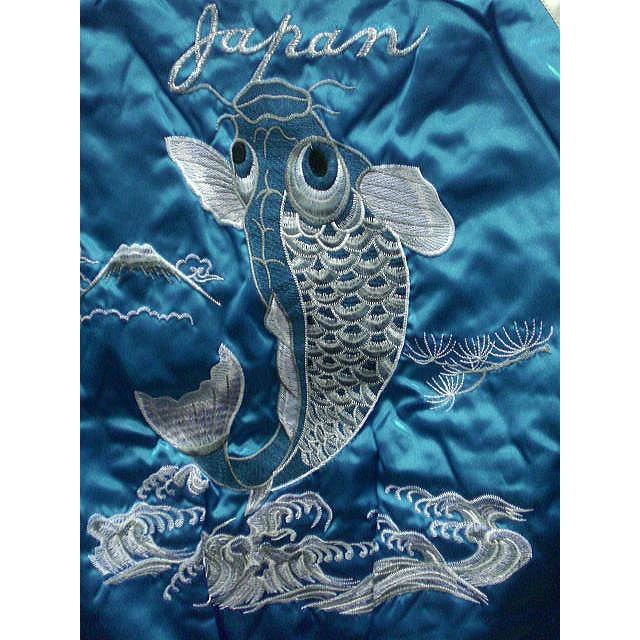 スカジャン 2XLサイズ 和柄 刺繍 鯉 バイカラー ブラック ブルー 黒 青