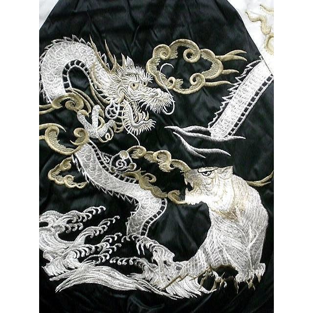 Hoshihime 日本製 スカジャン LL 虎 鷲 龍 刺繍 ブラックホワイト スカジャン hoshihime 星姫 日本製 総刺繍 中綿入り 和柄
