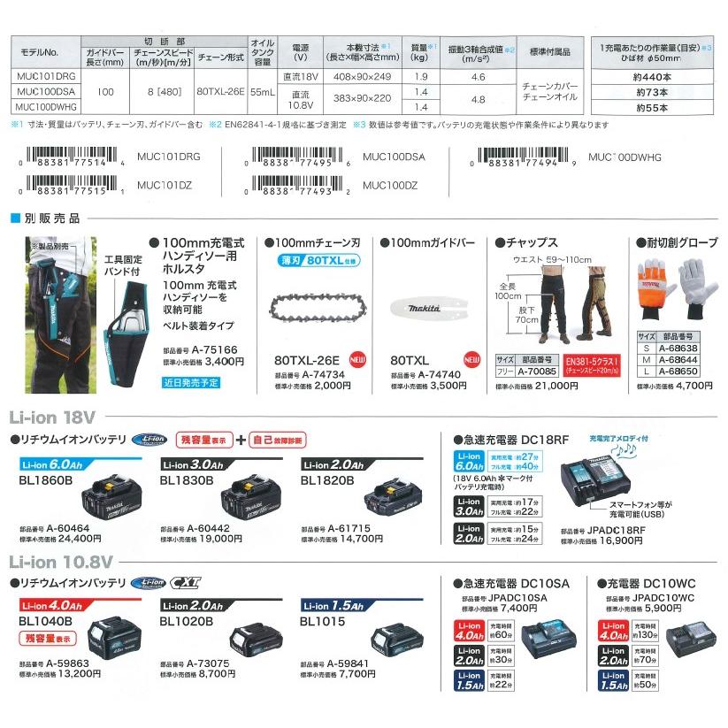 マキタ(makita) MUC100DSA 充電式 小型 チェーンソー ハンディソー