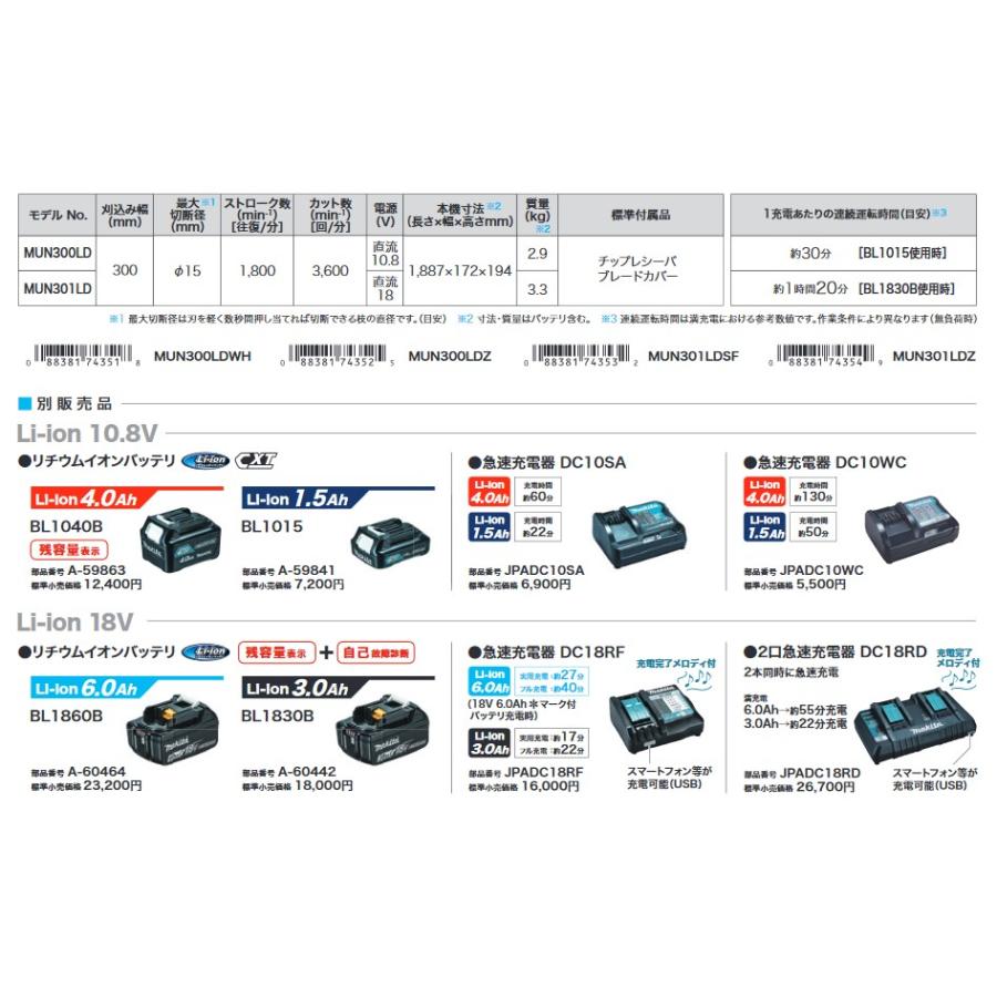 マキタ　ポールヘッジトリマー　MUN300LDWH　（バッテリー3個付） マキタ 充電式 ポールバリカン 10.8V MUN300LDWH ループハンドル 角度