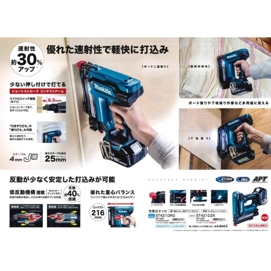 マキタ(makita) ST421DZK 充電式タッカー【ステープル4mm】本体+ケース 18V J線【3193】｜takahashihonsha｜03