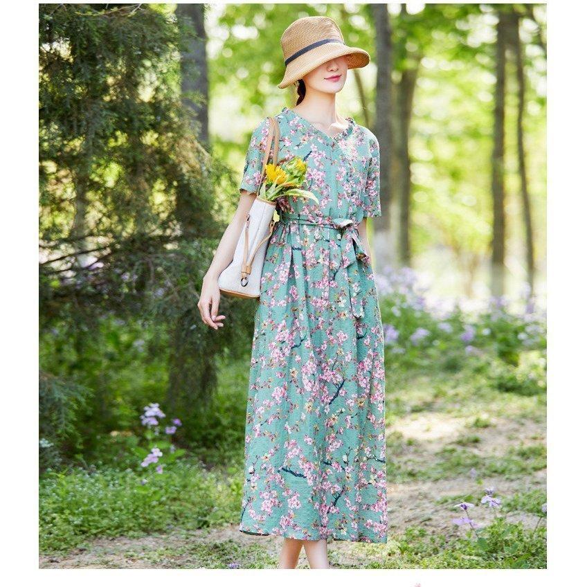 ワンピース レディース 緑 青 マキシワンピース 春夏 半袖ワンピース 花柄 棉麻 Vネック フレアスカート きれいめ 韓国風 代 30代 40代 ゆったり 70 Off