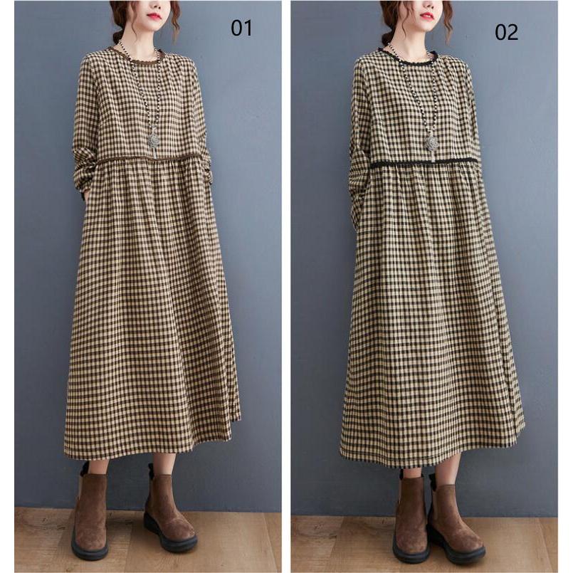 ワンピース レディース ロングワンピース チェック柄 長袖 折襟