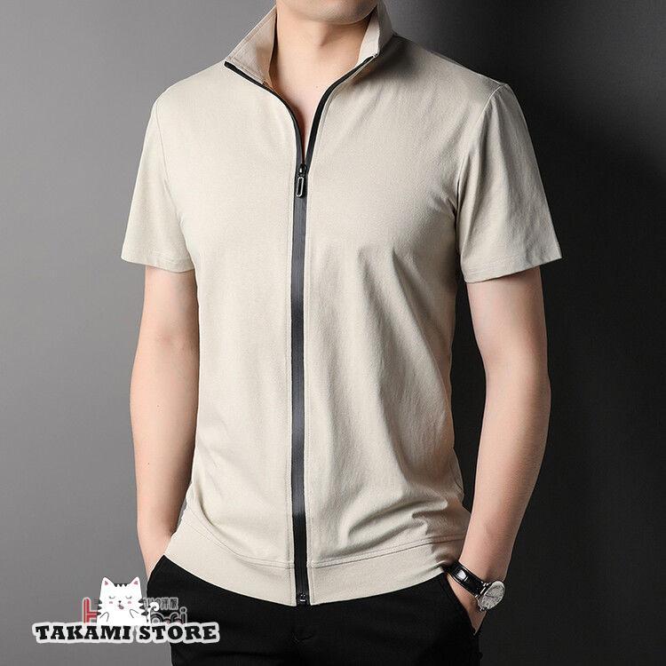 半袖シャツ メンズ ジップアップシャツ 黒シャツ カジュアル