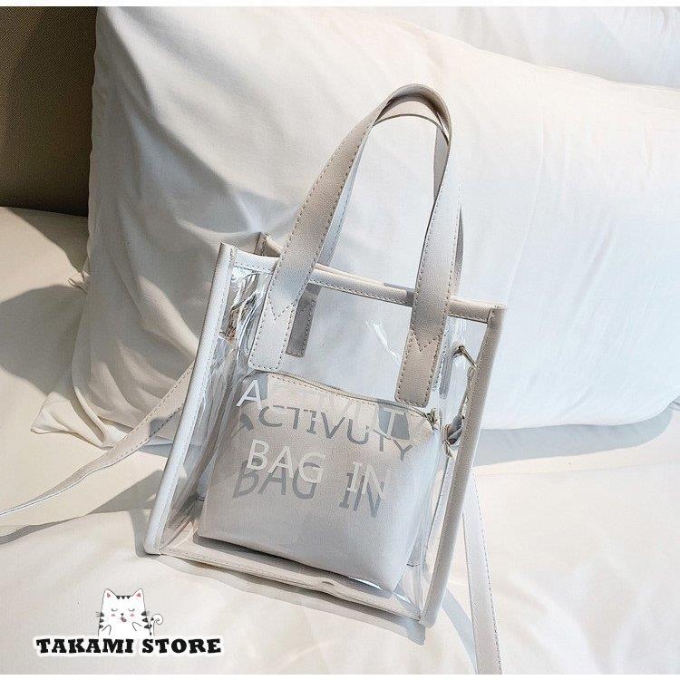 美品 IACUCCI PVC クリアトートバッグ シルバー ポーチ付 保存袋付 クリアバッグ 透明 ポーチ付き トートバッグ ハンドバッグ 肩がけ