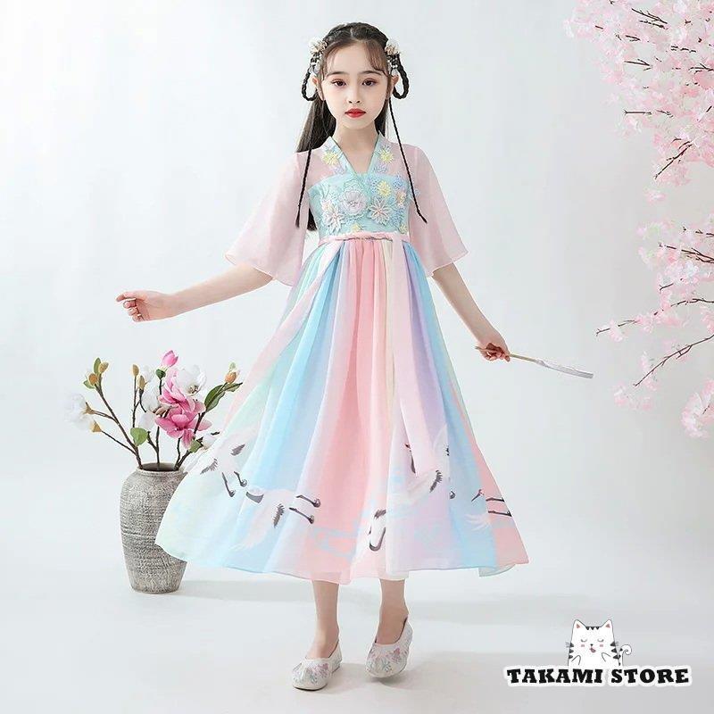女子漢服 古風 シフォンドレス 女の子 漢服のスカート 中華風 子供服 スーパー妖精 夏服 唐装 漢服子供ドレスドレス 女の子 ワンピース レース チュール ジュニ 早割クーポン