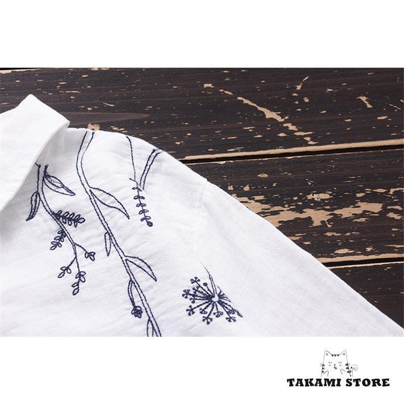 シャツ ガーゼ ブラウス レディース 無地 長袖 春 ホワイト 刺繍