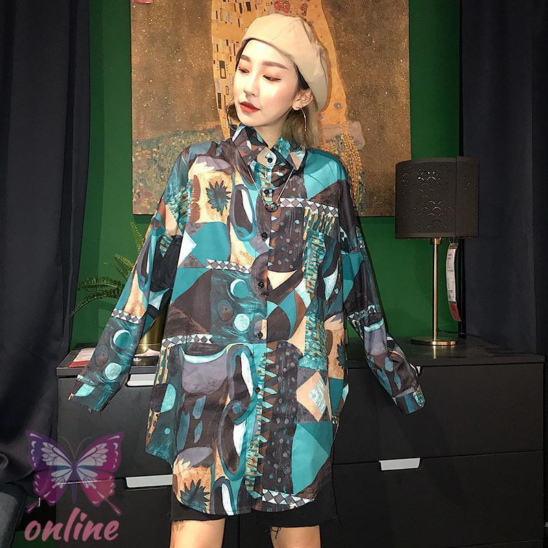 柄シャツ ブラウス 長袖 配色 総柄 幾何学模様 絵画 アート ビッグ 