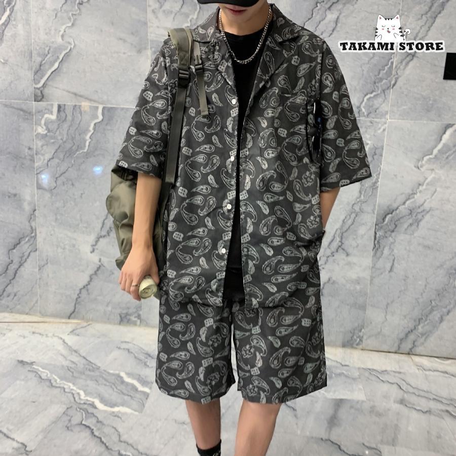 上下セット メンズ ペイズリー柄 セットアップ 柄シャツ 半袖 上下セット メンズ ペイズリー柄 セットアップ 柄シャツ 半袖