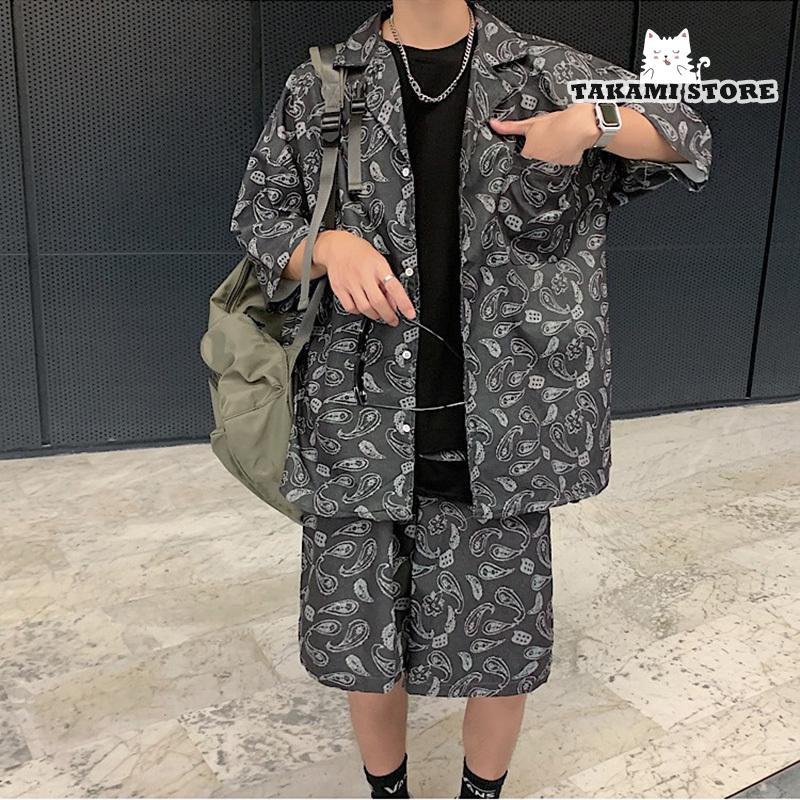 上下セット メンズ ペイズリー柄 セットアップ 柄シャツ 半袖 上下セット メンズ ペイズリー柄 セットアップ 柄シャツ 半袖