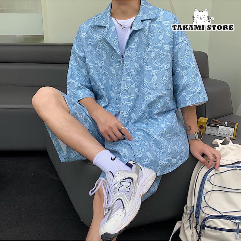 上下セット メンズ ペイズリー柄 セットアップ 柄シャツ 半袖