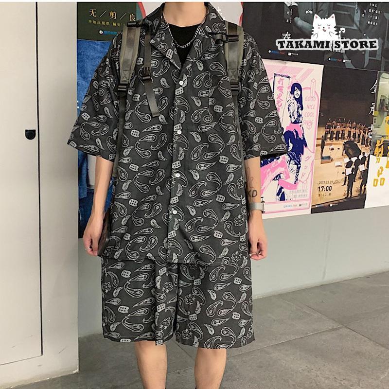 上下セット メンズ ペイズリー柄 セットアップ 柄シャツ 半袖 上下セット メンズ ペイズリー柄 セットアップ 柄シャツ 半袖