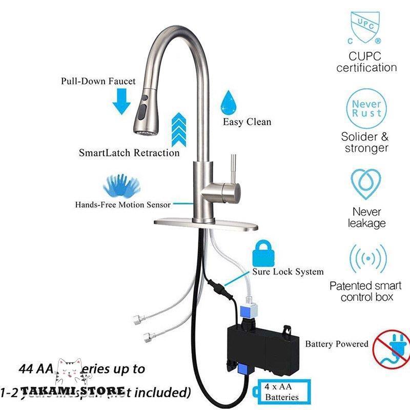 自動水栓　台所用　キッチン　蛇口　おしゃれ　節水　水栓金具　交換自分で　ホース引出し式　洗面台　混合水栓　シングルレバー　洗面所　台付　電池式　シャワー水栓　水道蛇口