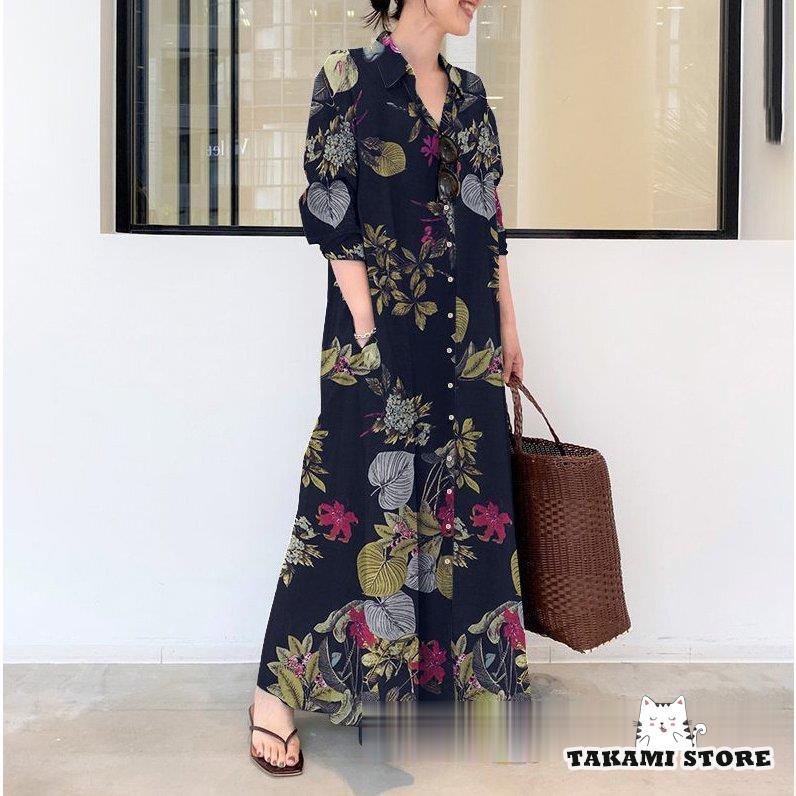 シャツワンピース ワンピース 春 レディース マキシワンピース 秋 長袖 花柄 ロング丈 体型カバー ゆったり 着痩せ 30代 40代 50代 | ブランド登録なし | 04