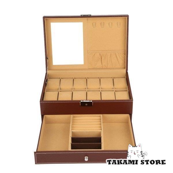 ジュエリー収納ボックス木製ポータブル引き出しタイプPUレザー12グリッド2層収納ケースホルダーネックレス時計用オーガナイザー俳優女の子女性の画像