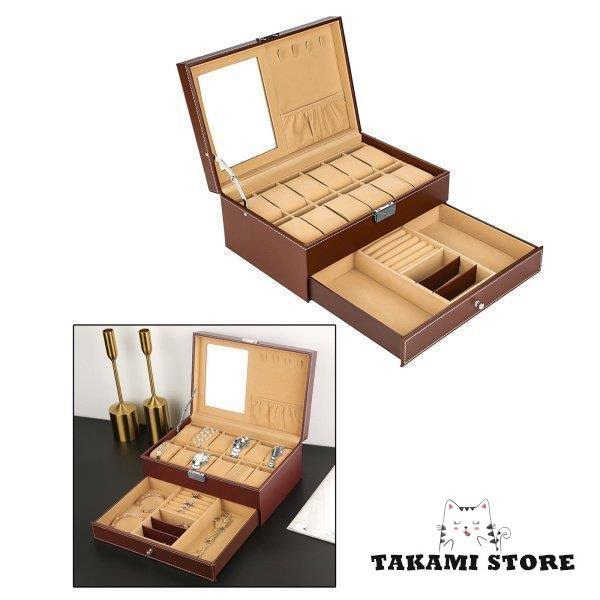 ジュエリー収納ボックス木製ポータブル引き出しタイプPUレザー12グリッド2層収納ケースホルダーネックレス時計用オーガナイザー俳優女の子女性の画像
