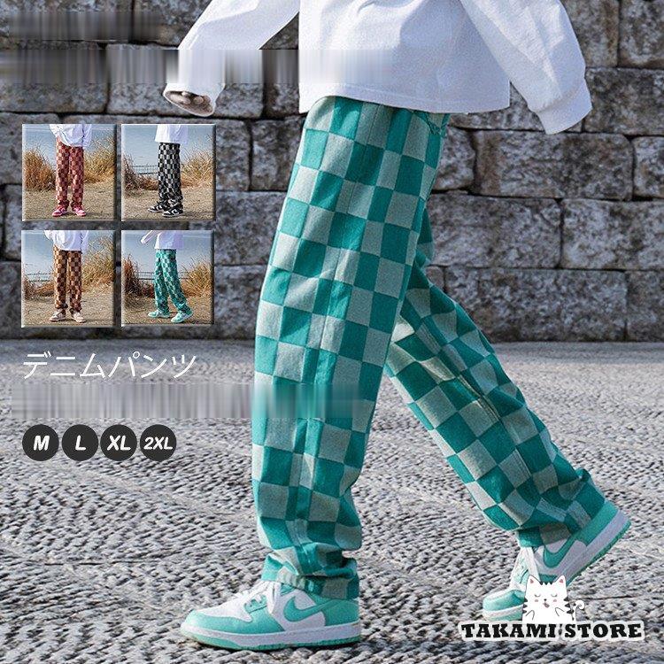 デニムパンツ メンズ チェック柄 ジーンズ 切り替え 配色 デニムパンツ メンズ チェック柄 ジーンズ 切り替え 配色