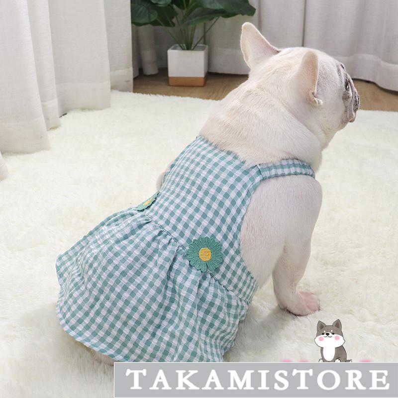 犬服 春 夏 ワンピース チェック柄 花 スカート フリル 犬 フレンチ