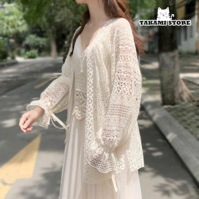 ⭐︎〜13号⭐︎オレボレブラ⭐︎極美⭐︎ 豚さん透かしレースのロングカーディガン　袖広い カーディガン レース 長袖 リボン 透かし 透明感 お姫様 レトロ 前開き