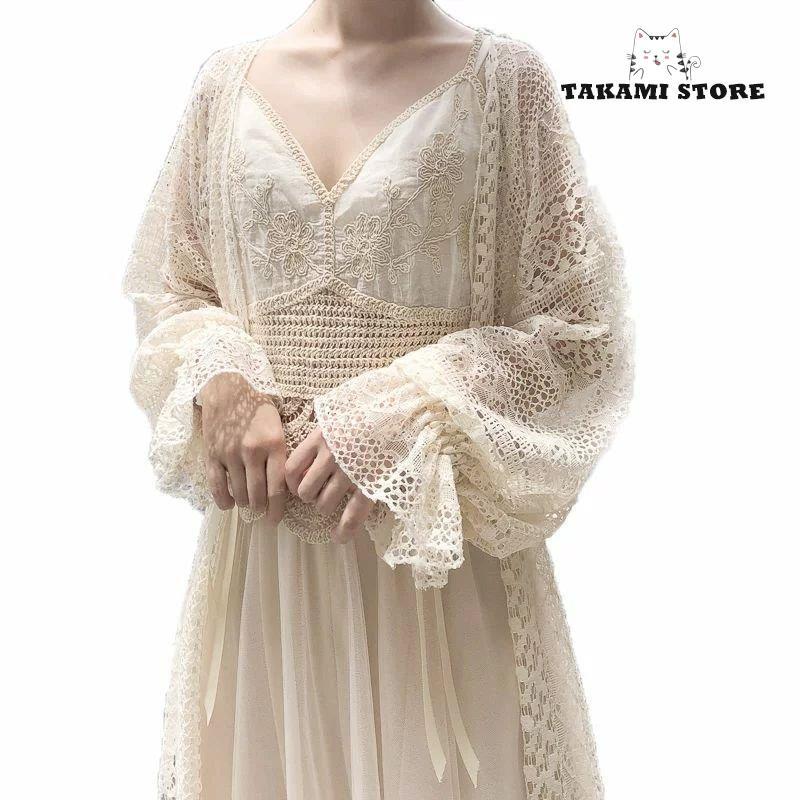 ★極美品　アルベロベロ シャツワンピース　サマーカーディガン　レース　リボン カーディガン レース 長袖 リボン 透かし 透明感 お姫様 レトロ