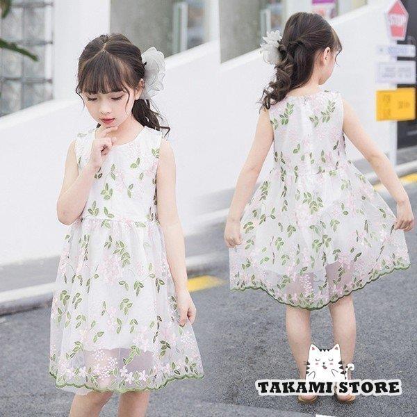 子供服 ワンピース 花柄　女の子 半袖 ジュニア ドレス チュール　刺繍 　夏 可愛い　日常　発表会 キッズ　 | ブランド登録なし