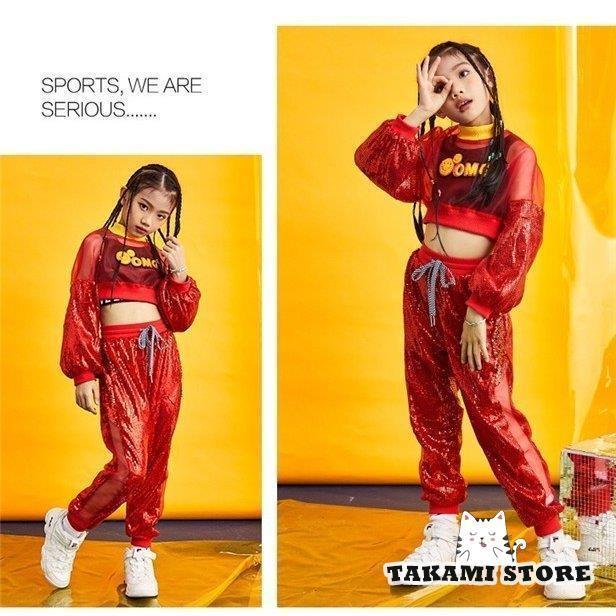 スパンコール衣装 派手 ガールズ キッズダンス衣装 セットアップ キッズ ダンス パンツ ダンス衣装キッズ 女の子 紫 赤 青 緑 セットアップ キッズ ダンス パンツ ダンス衣装キッズ 女の子 紫 赤 青