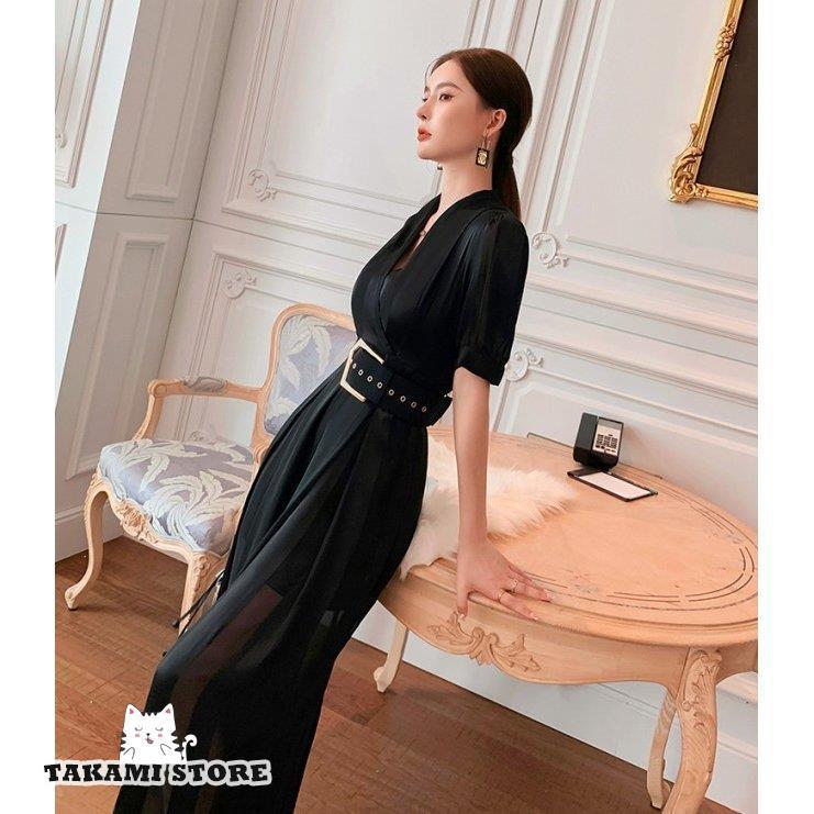 かっこいい パンツドレス オールインワン レディース パーティードレス 結婚式 お呼ばれドレス パンツ 袖あり 黒 シースルー 大きいサイズ ウエストマーク_11