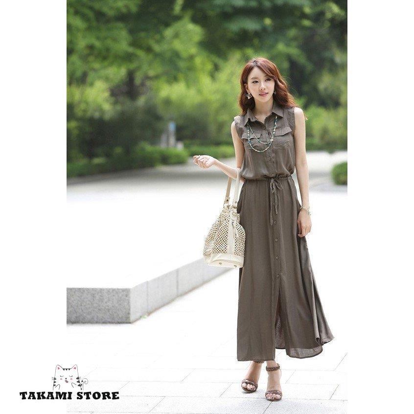 ロング シャツ ドレス ワンピース サファリ マキシ丈 ノースリーブ