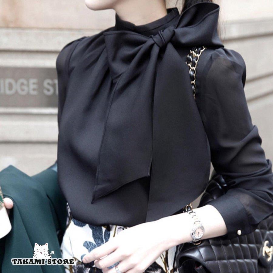 リボンタイ付き立ち襟長袖ブラウス（黒） 楽天市場】フリル 襟 ブラウス ギャザーネック リボン バルーン