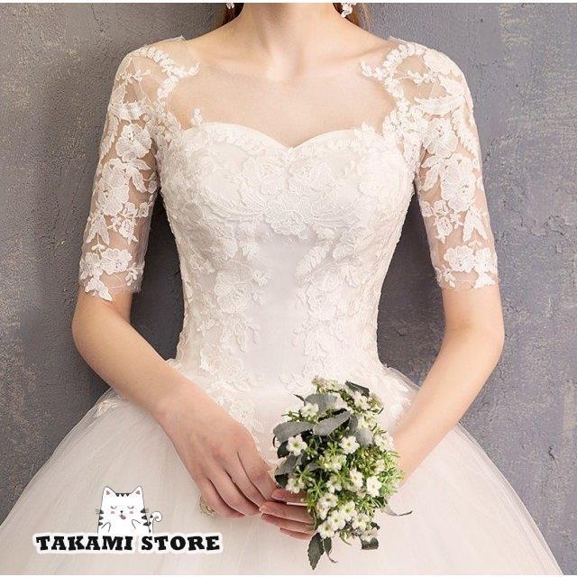 ウエディングドレス 大きいサイズ 白 二次会 花嫁 袖あり レース