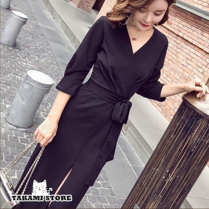 カシュクール ロング ドレス ワンピース ウエストリボン スリット V